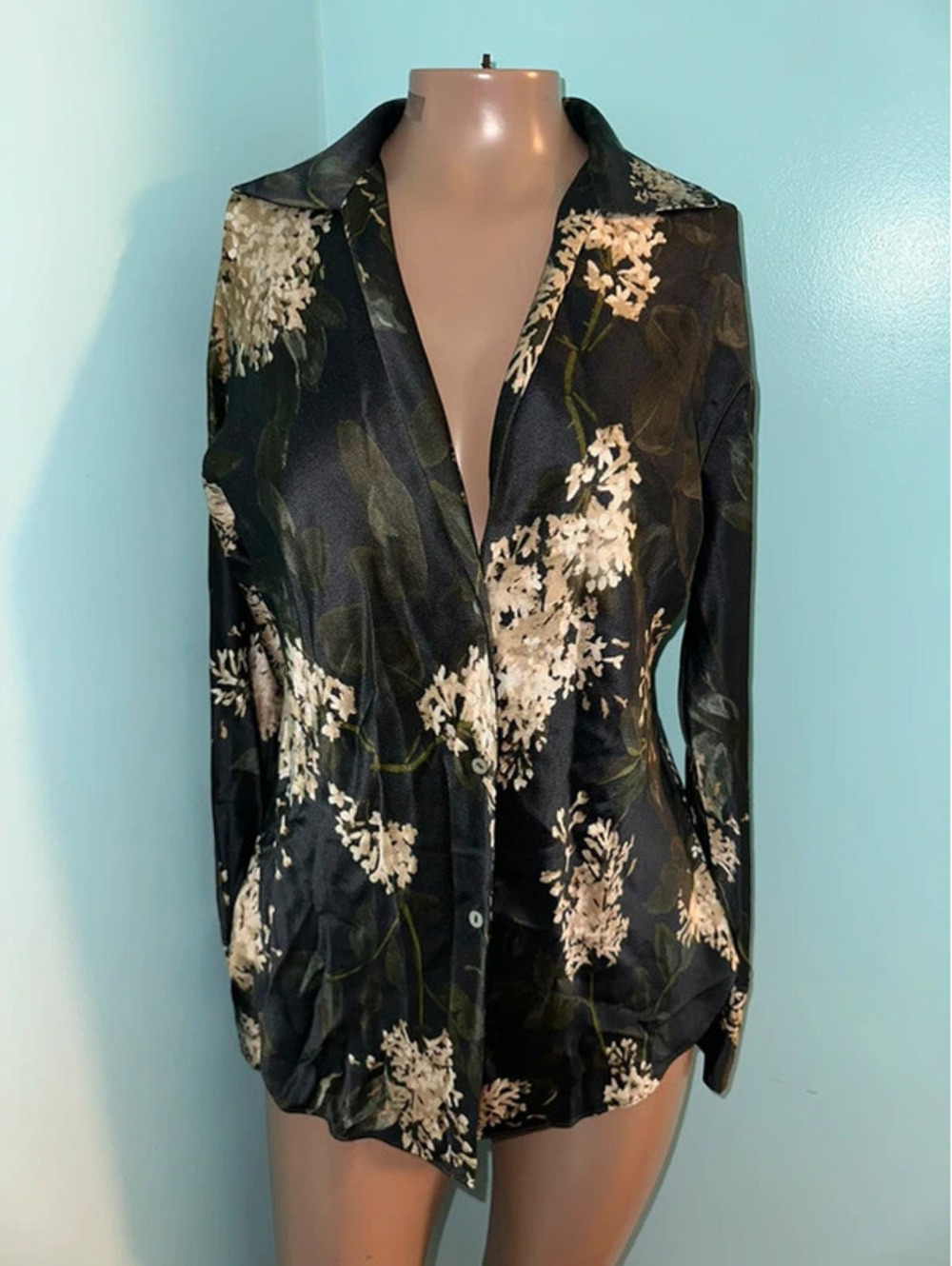 Vince Black Floral Satin Button-Up Blouse